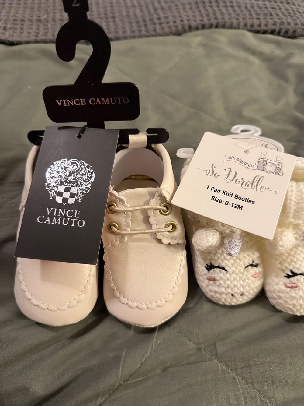Vince Camuto Cream Baby Moccasins with Scallop Trim and Lace booties
